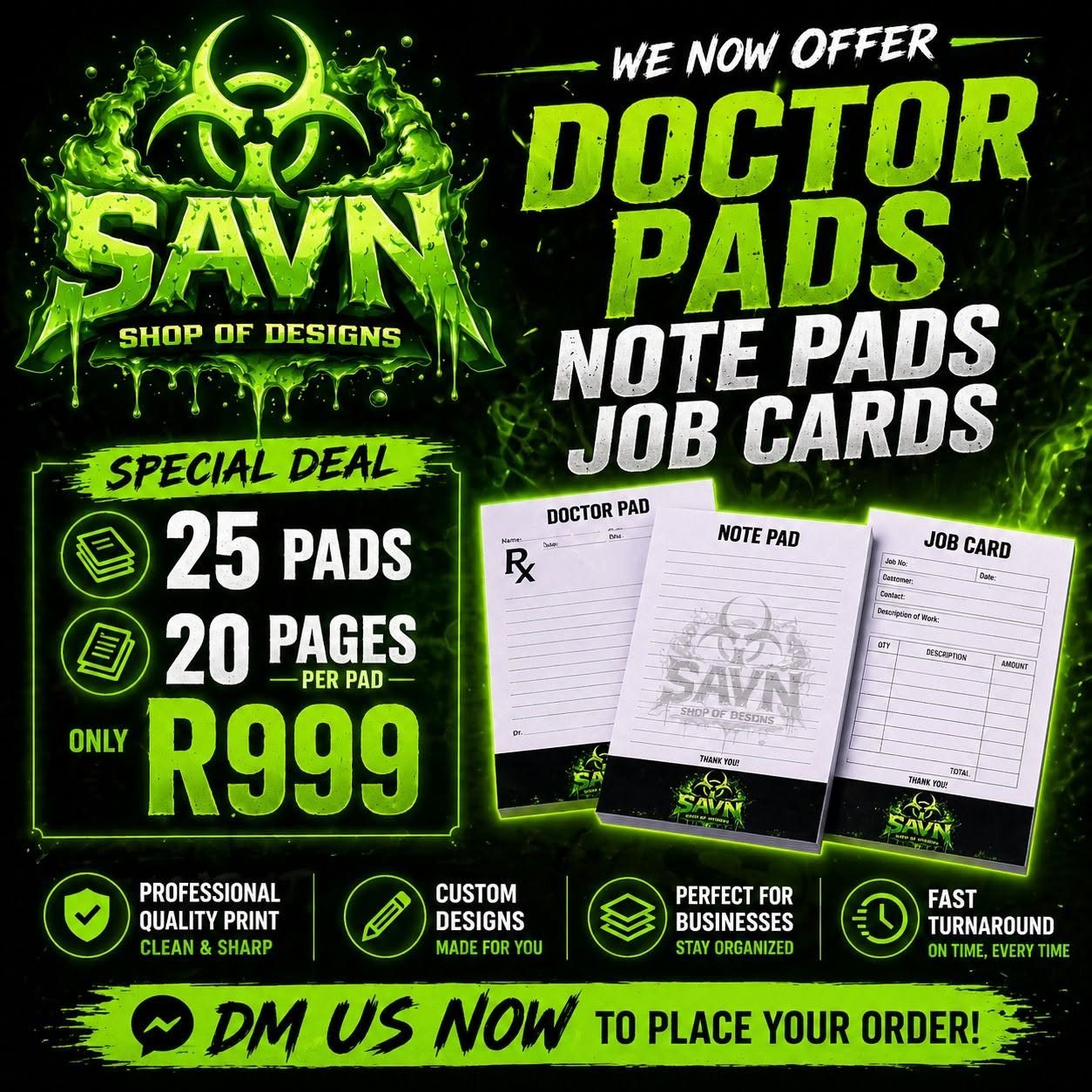 SAVN Branding doctor pads note pads and job cards advert