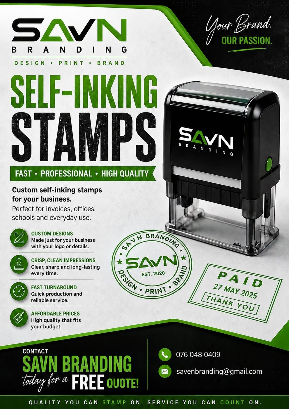 Self-inking stamps advert from SAVN Branding